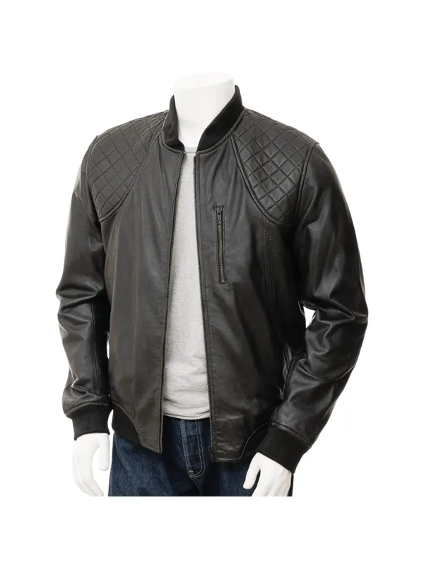 Black Quilted Leather Bomber Jacket