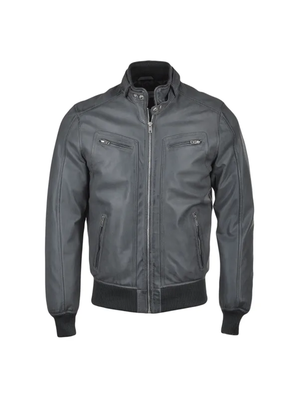 Snap Double Button Collar Grey Leather Motorcycle Bomber Jacket