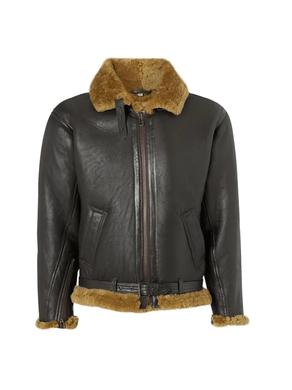 Sheepskin Sleeve Zipper Leather Bomber Jacket