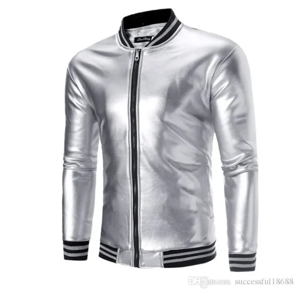 Shiny Metallic Silver Varsity Leather Motorcycle Bomber Jacket