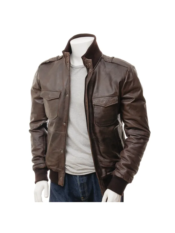 Chocolate Brown Leather Bomber Jacket