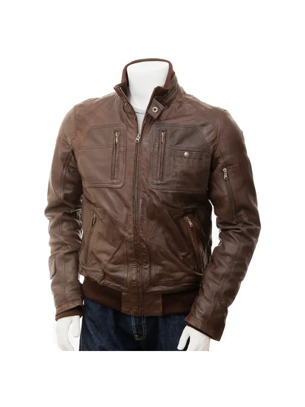 Brown Rib Leather Bomber Jacket