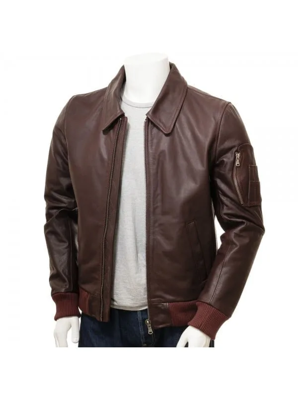 Brown Ribbed Classic Leather Bomber Jacket