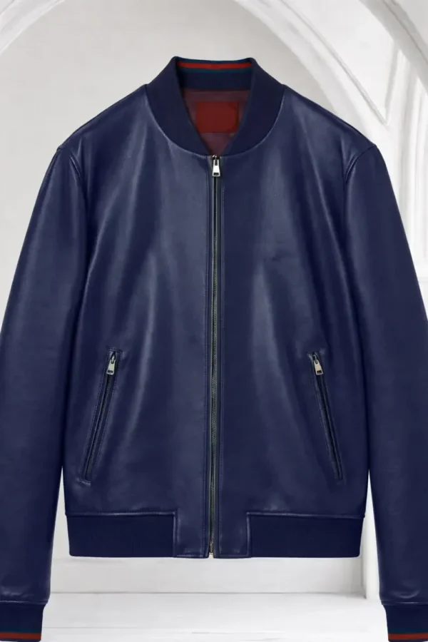 Dark Navy Grained Leather Bomber Jacket