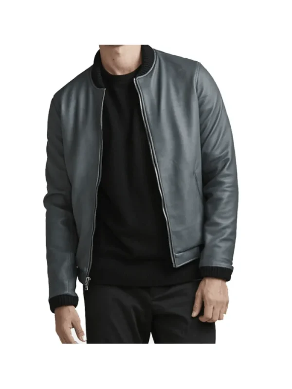Grey Classic Leather Bomber Jacket