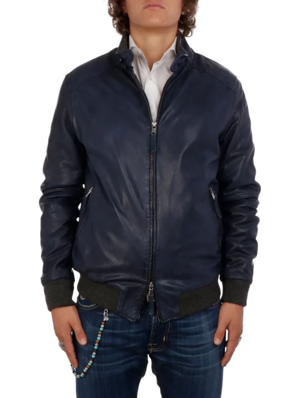 Jason Zip Navy Blue Leather Jacket
