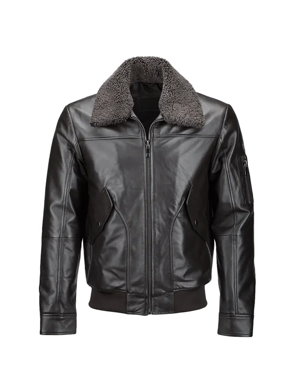Black Aviator Flight Fur Leather Bomber Jacket