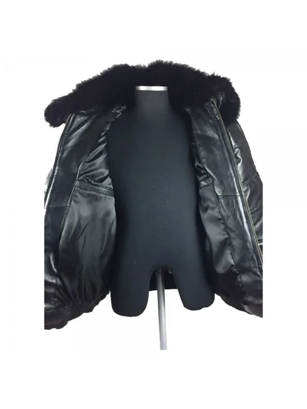 Black Lambskin Detachable Fox Fur Collar Leather V-Bomber Jacket