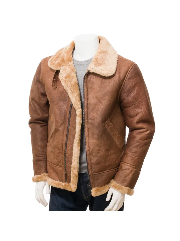 Tan Zipper Fur Leather Bomber Jacket